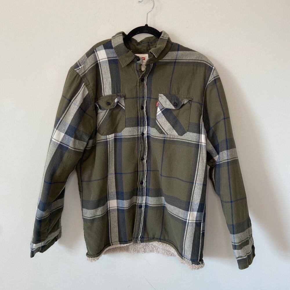 Levi’s Sherpa Lined Insulated Green Blue Plaid Flannel Shirt Jacket Sz Medium